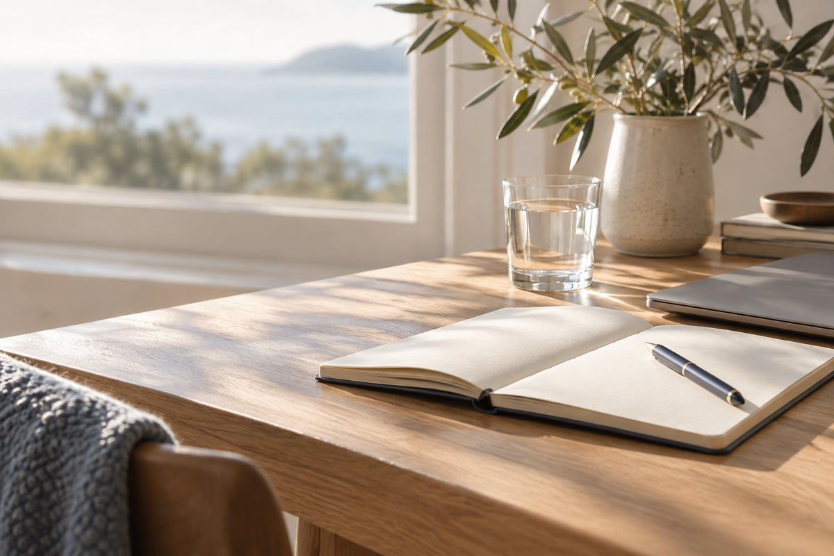 Illustrative notebook and laptop on a sunlit desk