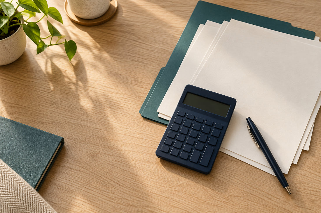 AI-generated editorial illustration of a navy calculator, blank billing papers and a pen on a sunlit desk