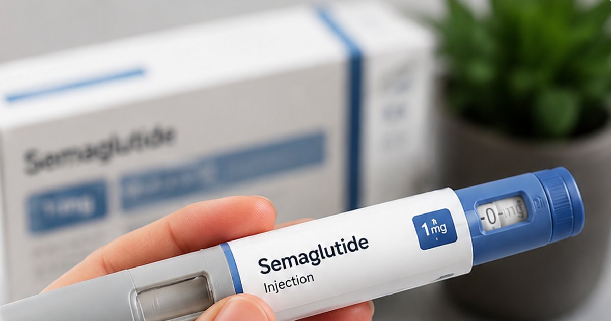 A 1 mg semaglutide injection pen held in front of its box