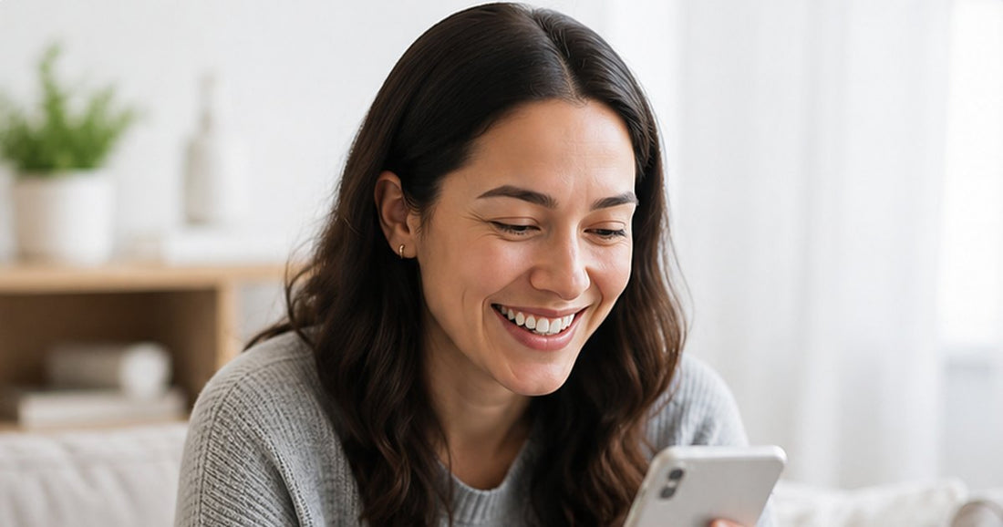 A woman looking up GLP-1 side effect information on her phone at home