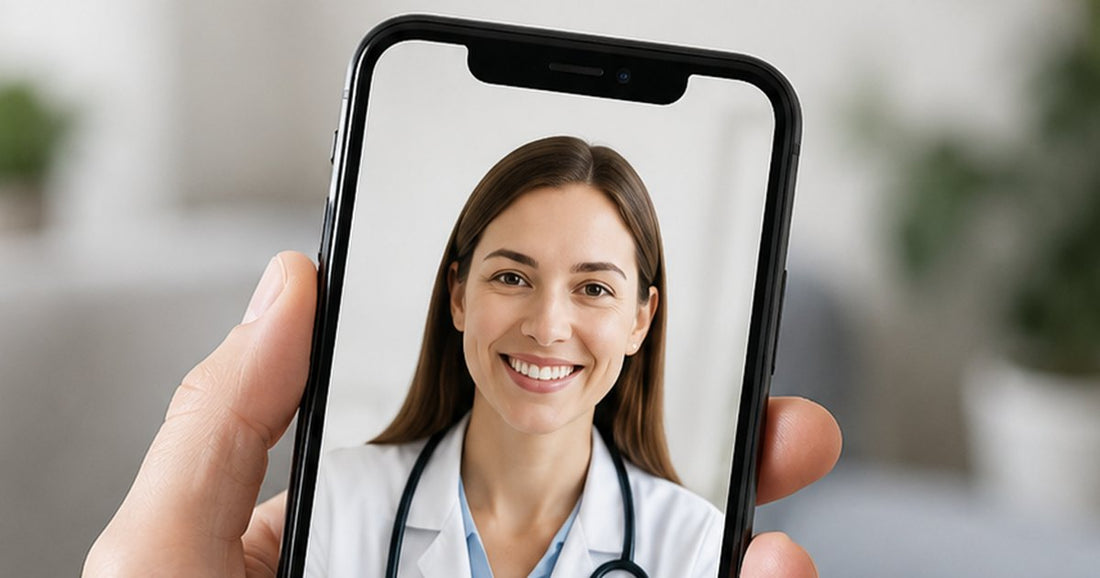A smartphone showing a video call with an online clinician
