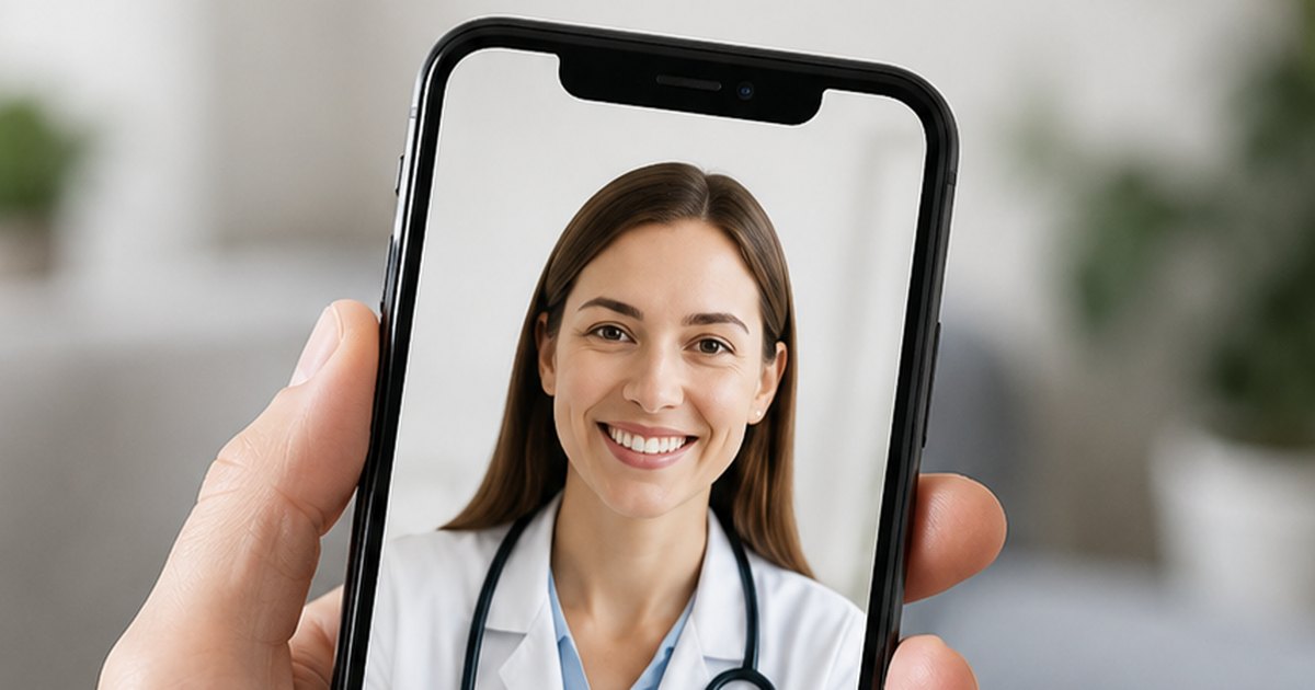 A smartphone showing a video call with an online clinician