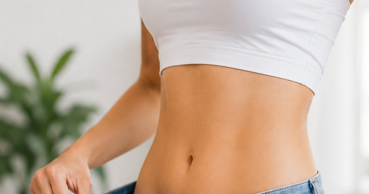 A woman holding out the loose waistband of her jeans after losing weight