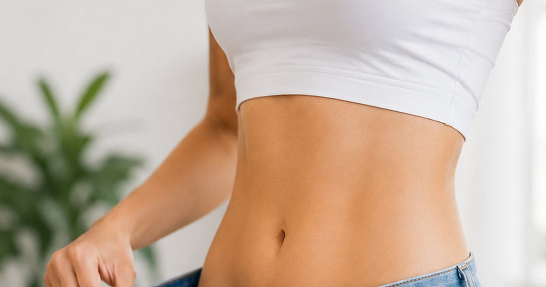 Loose-fitting jeans held out at the waist after GLP-1 weight loss